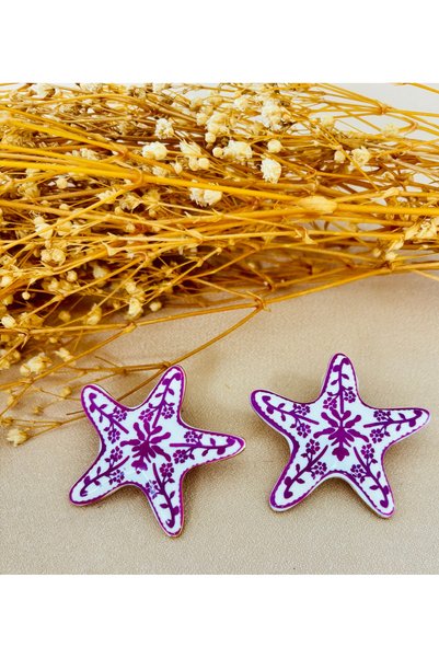 Markiz Takı Pink Embroidered Brand Star Earrings on White 6 cm