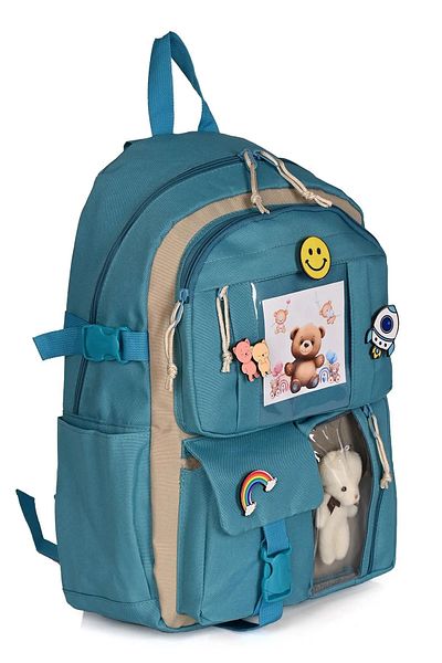 Catwins Rucsac de școală în stil coreean Kawaii cu accesorii și ursuleț de pluș albastru