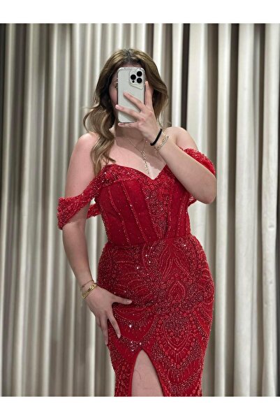 Kaleiçi Yıldızlar Kırmızı Çift Yaka Balık Model Taşlı Abiye 765