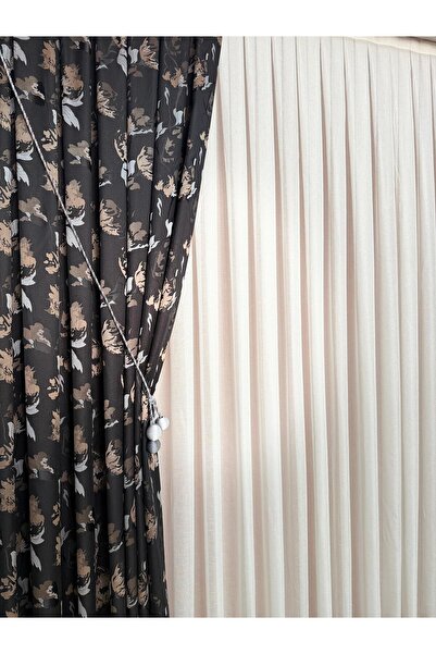 DİLETTO Black Beige Patterned Taffeta Background Curtain Compatible with Cornice (Frequent Pleats / Ironing Not Preferred)