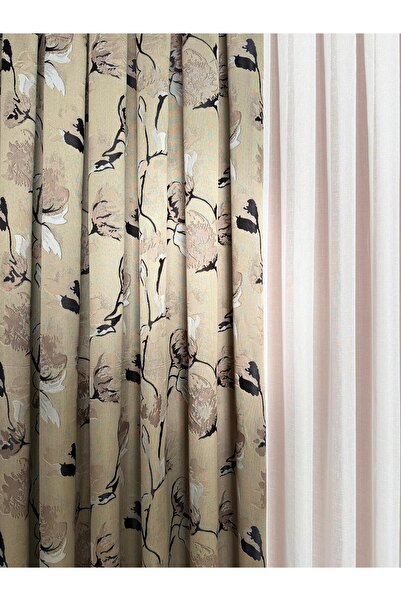 DİLETTO Beige Patterned Taffeta Background Curtain Compatible with Cornice (Frequent Pleats / Ironing Not Preferred)