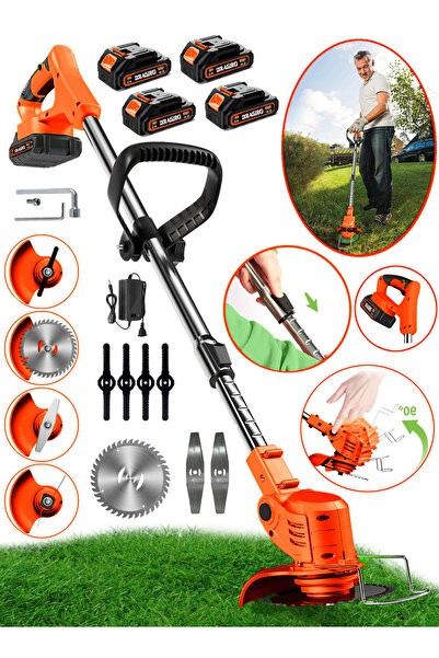 Dragro 4 Akülü Şarjlı Kenar Ot Çalı Çim Biçme Kesme Tırpan Makinesi Teleskopi...