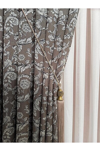 DİLETTO Coffee Rose Patterned Background Curtain Compatible with Cornice (Frequent Pleats / Ironing Not Asked)
