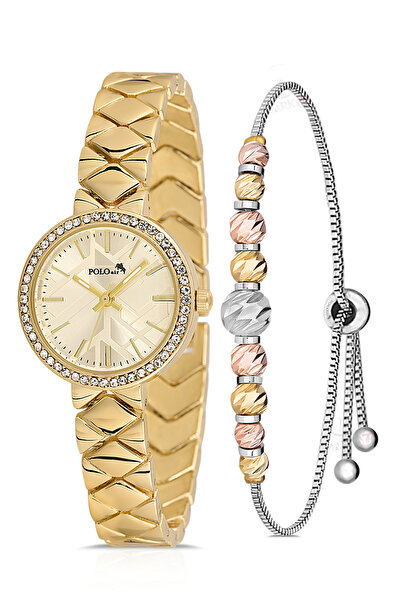 Polo Air Lüx Taşlı Baklava Desen Kadın Kol Saati Dorika Bileklik Kombin Gold ...