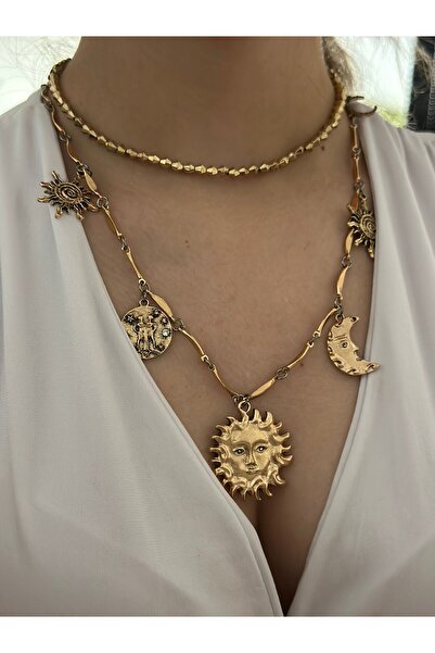 MyladyAccessoriess Double Antique and Sun Moon Detail Necklace