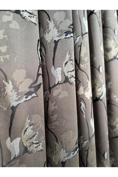 DİLETTO Coffee Beige Patterned Taffeta Background Curtain Compatible with Cornice (Frequent Pleats / Ironing Not Preferred)