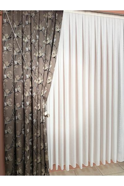 DİLETTO Coffee Beige Patterned Taffeta Background Curtain Compatible with Cornice (Frequent Pleats / Ironing Not Preferred)