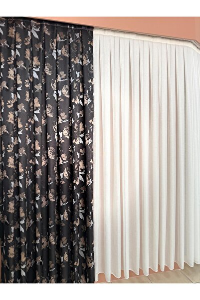 DİLETTO Black Beige Patterned Taffeta Background Curtain Compatible with Cornice (Frequent Pleats / Ironing Not Preferred)