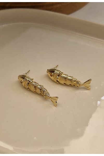 AKSESUARIM Stylish, Non-Staining. Design, Red Stone Eye Detail, Steel Antiallergic Fish Earring