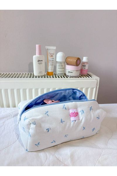 girlsybags White Blue Floral Makeup Bag Large Size Zipper Portfolio Bag