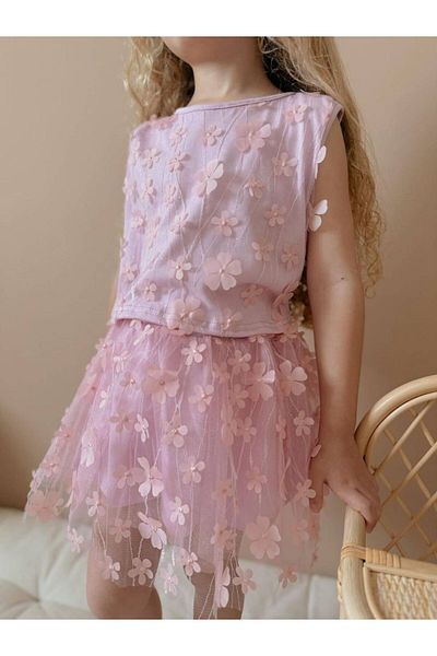 YİGİT BUTİK Yigit Boutique Flower Embroidered Tulle Girl's Suit