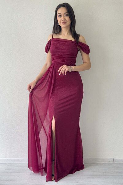 the ZKS Women's Strap Off Shoulder Slit Detail Evening Dress Dark Lilac, Navy Blue, Black, Burgundy