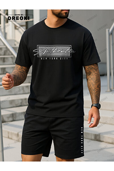 EFFRENATU Authentic Printed Cotton Fabric Men's Black T-Shirt-Black Shorts Set