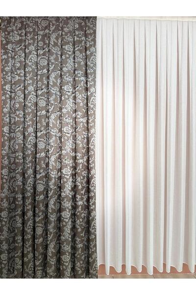 DİLETTO Coffee Rose Patterned Background Curtain Compatible with Cornice (Frequent Pleats / Ironing Not Asked)