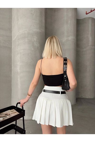 TB Terzi Bey Belted Pleated Shorts Skirt White S25305