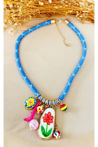 Markiz Takı Blue Rope Necklace Colored Charm 45 cm + 5 cm Extension
