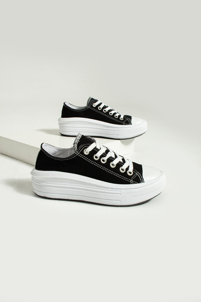 Pembe Potin Women's Black Unisex High Sole Convers Model Linen Sneaker