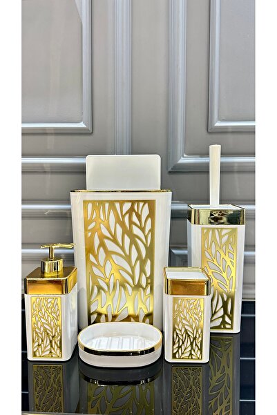 Vakıf home 5 Parça Kare Model Beyaz Gold Lazer Kesim Banyo Seti