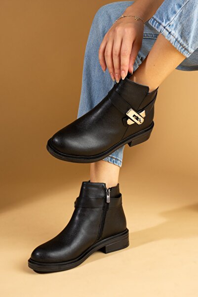 Pembe Potin Women's Black Poly Sole Zippered Buckle Daily Comfortable Warm Lined Boots