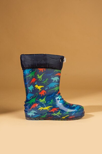 WMİLANO Unisex Lacivert Çocuk Dinozor Desenli Su Geçirmez Yağmur Çizmesi Bot