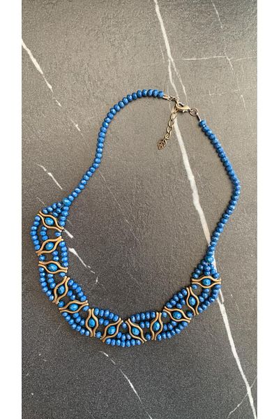 MISS GOLDEN Blue Crystal Stone Antique Yellow Accessories and Antique Yellow Decorated Bead Necklace Gift