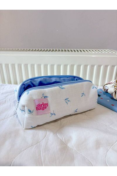 girlsybags White Blue Floral Single Eyed Pen Holder Washable Ribbon Lace Zippered School Pencil Case