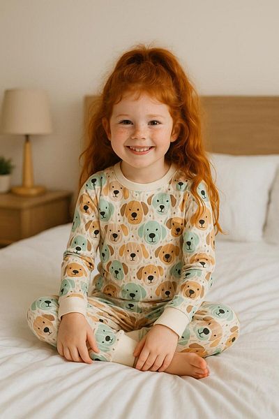 opheliateks Dog Patterned Pajama Set for Girls and Boys - Brown