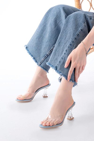 TB Terzi Bey S-619 Baby Blue Patent Leather Transparent Banded Transparent Heeled Round Toe Women's Slippers