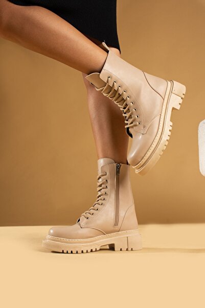 WMİLANO Kadın Nut Poli Taban Fermuarlı Rahat Kalıp Sıcak Astar Bağcıklı Postal Pot