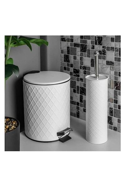 BREZIUM Set accesorii baie, Cos de gunoi metalic 5L/Perie WC, cu pedala si maner, galeata detasabila, Alb