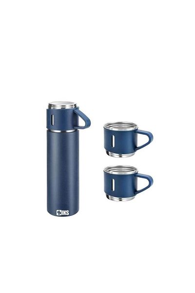 SIKS Set termos cu interior din oțel inoxidabil și 2 căni suplimentare, capacitate 500 ml, albastru