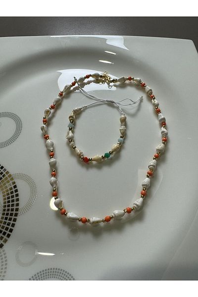 MODA طقم مجوهرات صيفية للنساء على شكل صدفة وخرز - قلادة وسوار