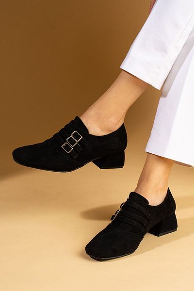 Pembe Potin Women's Black Suede Buckle Stylish Classic Heeled Shoes