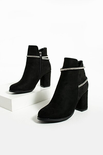 WMİLANO Kadın Siyah Süet Topuklu Fermuarlı Rahat Taban Günlük Kullanım Tokalı Klasik Bot