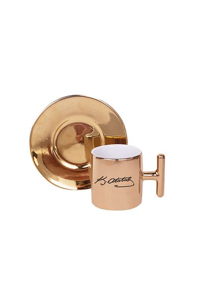 Magıl Ataturk Signature Printed Turkish Coffee Cup Set of 2 Gold Color t Handle