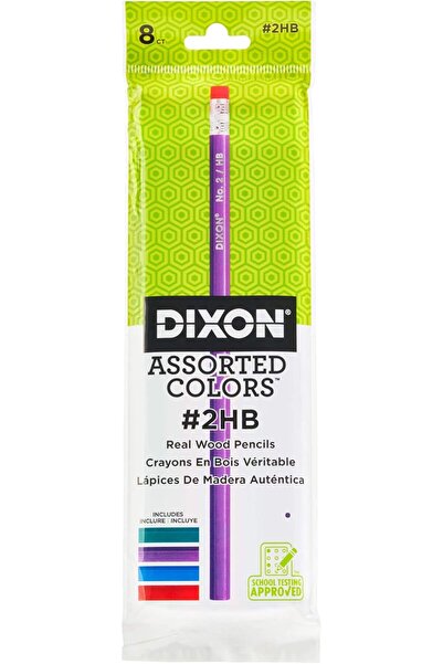 Dixon أقلام رصاص من الخشب الطبيعي 2HB، قلب أسود، 8 قطع، أسطوانات بألوان متنوعة