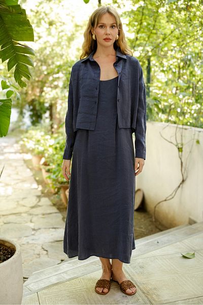 FEMMESTUDIO Women's Navy Blue Shirt Rope Strap Dress Set