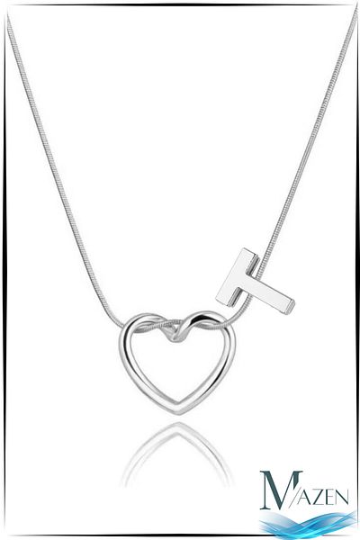 MAZEN Silver Color Heart Letter Detailed Necklace – Tarnish-Free Surgical Steel – Letter t
