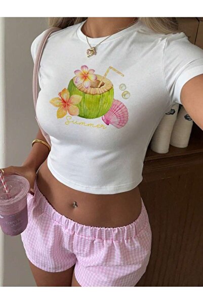 PALPİTO تيشيرت نسائي أبيض صيفي مطبوع برقبة دائرية وضيق