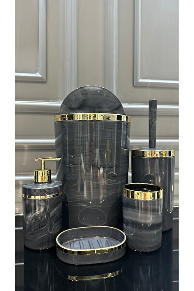 Vakıf home Mermer Desen Gold Akrilik 5 Parça Banyo Seti