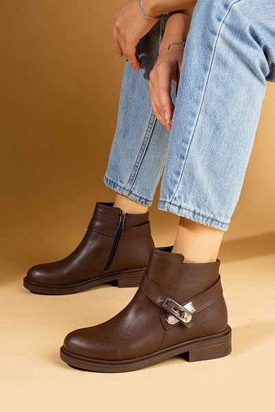 Pembe Potin Women's Brown Poly Sole Zippered Buckle Daily Comfortable Warm Lined Boots