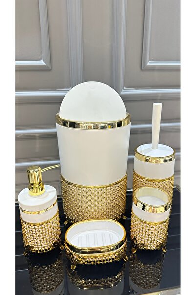 Vakıf home 5 Parça Akrilik Metal Beyaz Gold Banyo Seti Sabunluk