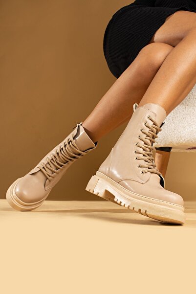 WMİLANO Kadın Nut Poli Taban Fermuarlı Rahat Kalıp Sıcak Astar Bağcıklı Postal Pot