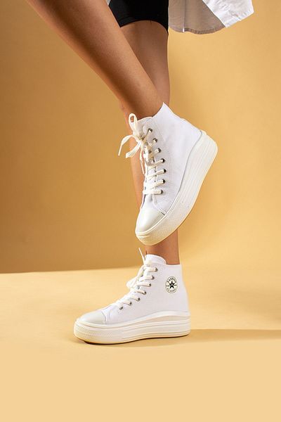Pembe Potin Women's White Unisex High Sole Throat Convers Model Linen Sneaker Boots