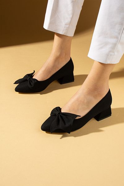 Pembe Potin Black Satin Bow Low Heel Graduation Office Classic Heeled Stiletto Shoes