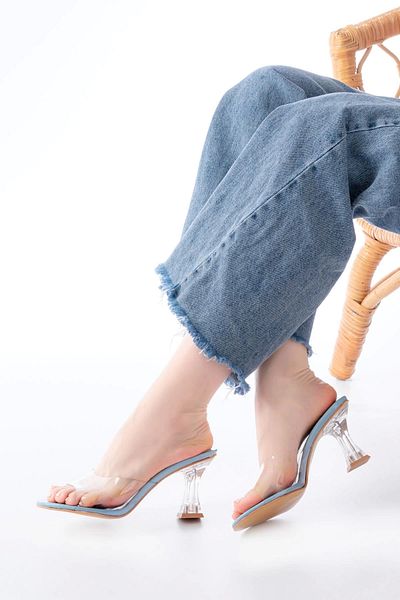 TB Terzi Bey S-619 Baby Blue Patent Leather Transparent Banded Transparent Heeled Round Toe Women's Slippers
