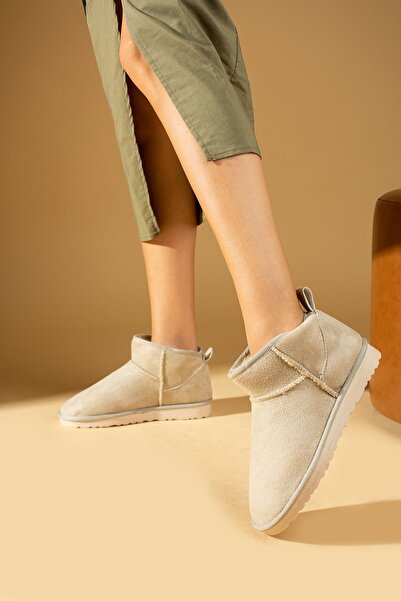 WMİLANO Kadın Mini Bej Nubuk Yarım Bot İçi Tüylü Düz Rahat Taban Kadın Ayakkabı