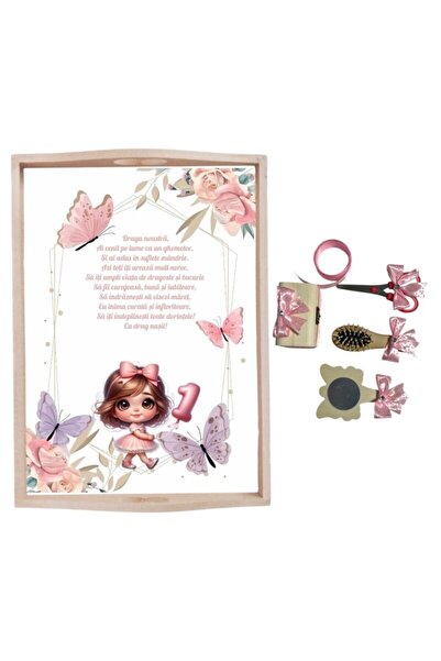 Botez Set tavita pentru taiere mot – model fetita – roz, 6 piese