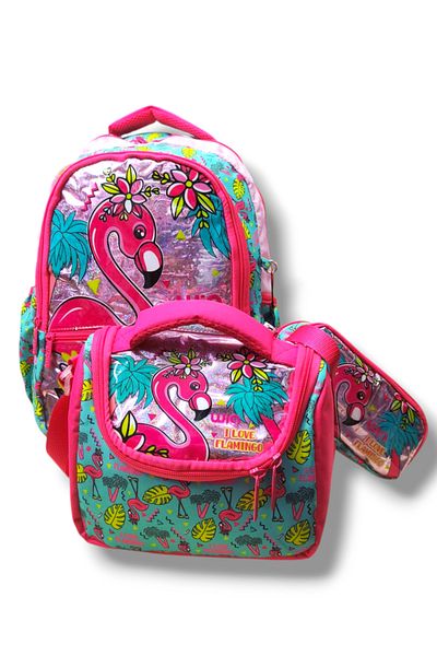 Dadacuq Three Compartment Flamingo Printed School Bag Thermos Nutrition and Pen Holder Set