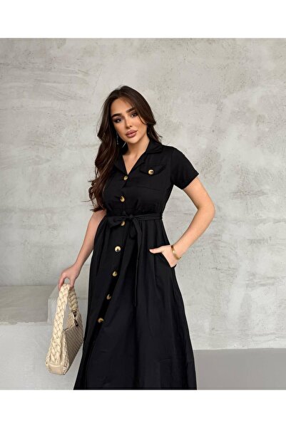 Anna Moda Siyah Kısa Kol Kuşaklı Elbise